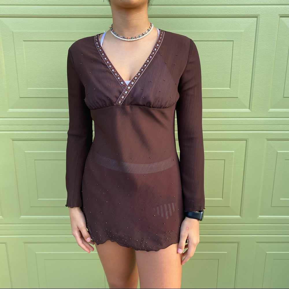 J Marco Womens Sheen Brown Beaded Mesh Long Sleeve Lightweight Shirt Size XS